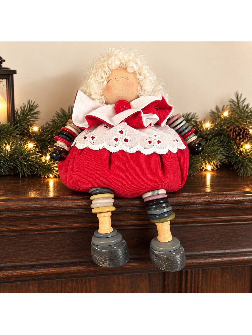 Vintage Christmas Folk Art Doll, Mrs Claus, Handmade Button Doll